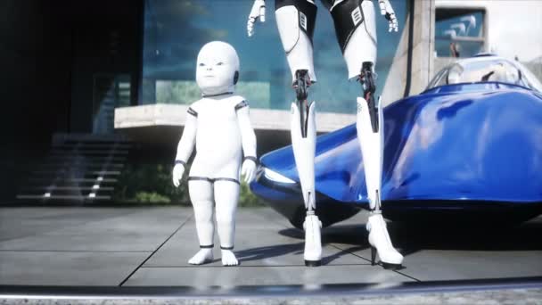 Robotka Malým Robotem Droid Futuristické Město Letící Automobilová Doprava Megapolicie — Stock video