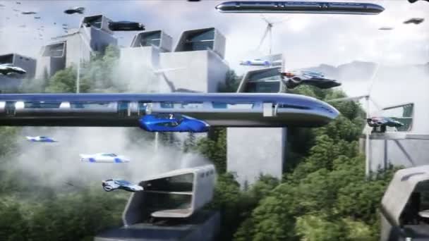 Люди Літаючій Машині Футуристичне Місто Рух Літаючого Автомобіля Концепція Майбутнього — стокове відео