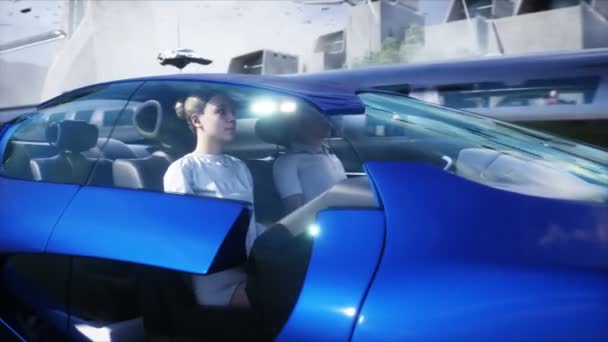 Ludzie Latających Samochodach Futurystyczne Miasto Latające Samochody Koncepcja Przyszłości Realistyczna — Wideo stockowe