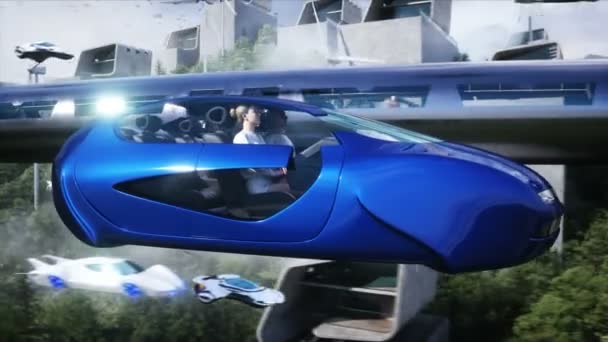 Menschen Fliegenden Auto Futuristische Stadt Fliegender Autoverkehr Zukunftskonzept Realistische Animation — Stockvideo