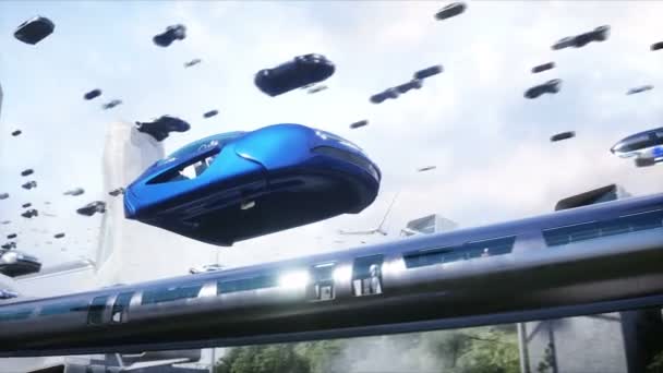 People Flying Car Futuristic City Flying Car Traffic Future Concept — стоковое видео