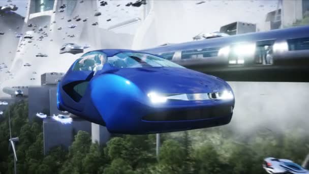 Ludzie Latających Samochodach Futurystyczne Miasto Latające Samochody Koncepcja Przyszłości Realistyczna — Wideo stockowe