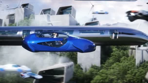 Люди Літаючій Машині Футуристичне Місто Рух Літаючого Автомобіля Концепція Майбутнього — стокове відео
