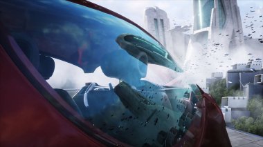 Gelecekçi şehir. Uçan araba trafiği. Megapbit. Gelecek konsept 3d oluşturma