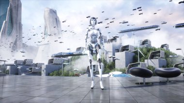 Dişi robot, droid. Gelecekçi şehir. Uçan araba trafiği. Megapbit. Gelecek konsept 3d oluşturma