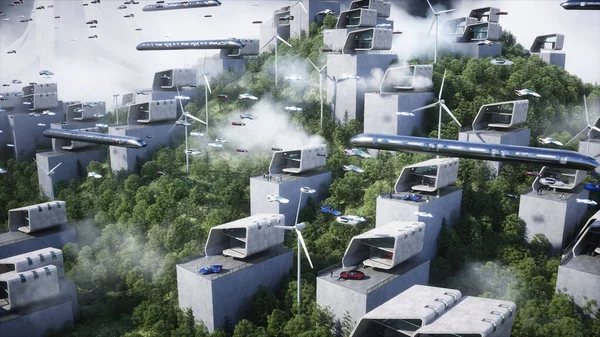 Futuristische Stad Vliegend Autoverkeer Robots Mensen Megapolice Toekomstconcept Destructie — Stockfoto