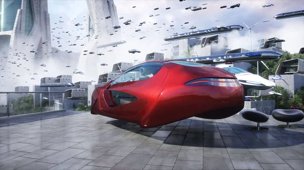 Futuristic City Flying Car Traffic Megapolice Future Concept Rendering — Stok fotoğraf