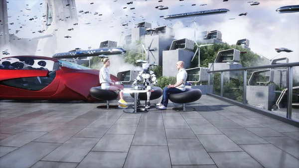 Peoples Robots Futuristic City Flying Car Traffic Megapolice Future Concept — 스톡 사진