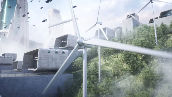 Green Energy Wind Turbine Futuristic City Flying Car Traffic Future — Foto de Stock