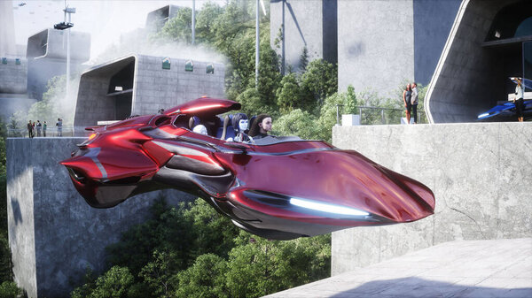 Robot and people in flying car. Futuristic city. flying car traffic. Future concept. 3d rendering