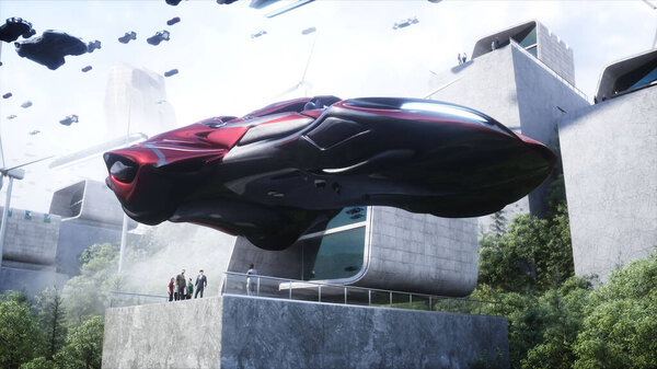 Robot and people in flying car. Futuristic city. flying car traffic. Future concept. 3d rendering