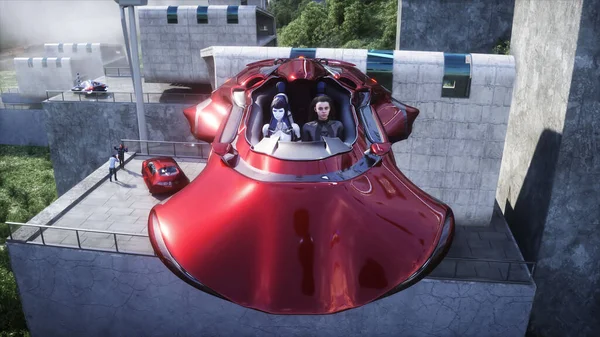 Robot and people in flying car. Futuristic city. flying car traffic. Future concept. 3d rendering