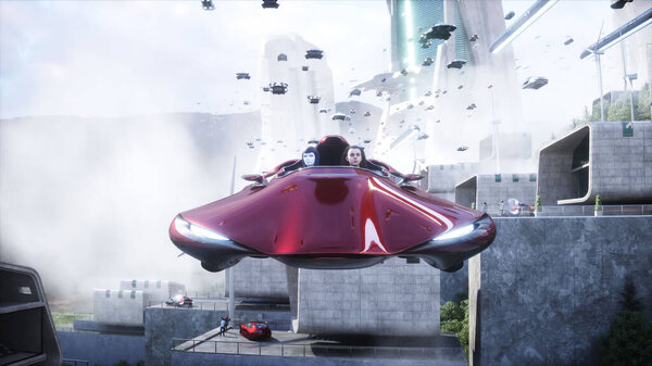Robot and people in flying car. Futuristic city. flying car traffic. Future concept. 3d rendering