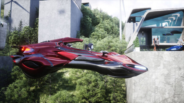 Robot and people in flying car. Futuristic city. flying car traffic. Future concept. 3d rendering