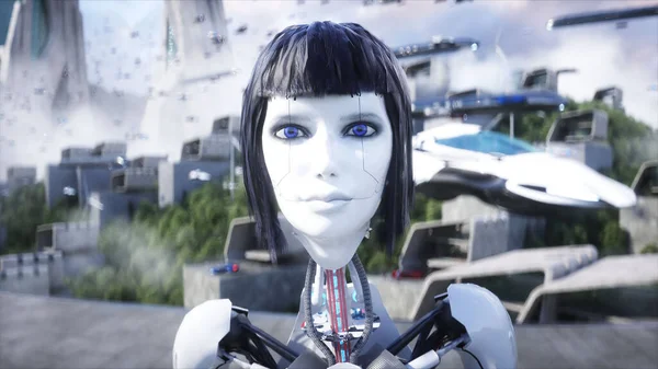 Female Robot Droid Futuristic City Flying Car Traffic Megapolice Future — ストック写真