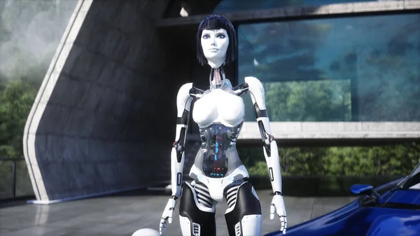Female robot with baby robot, droid. Futuristic city. flying car traffic. megapolice. Future concept. 3d rendering