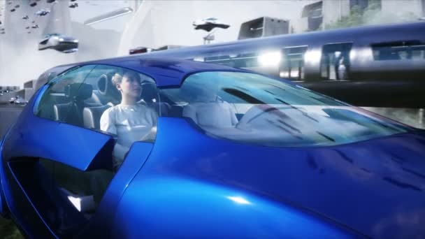 People Flying Car Futuristic City Flying Car Traffic Future Concept — ストック動画