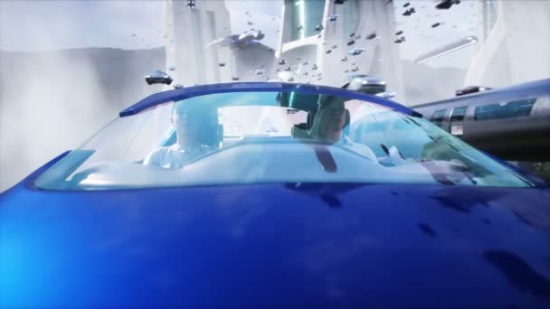 Menschen Fliegenden Auto Futuristische Stadt Fliegender Autoverkehr Zukunftskonzept Realistische Animation — Stockvideo