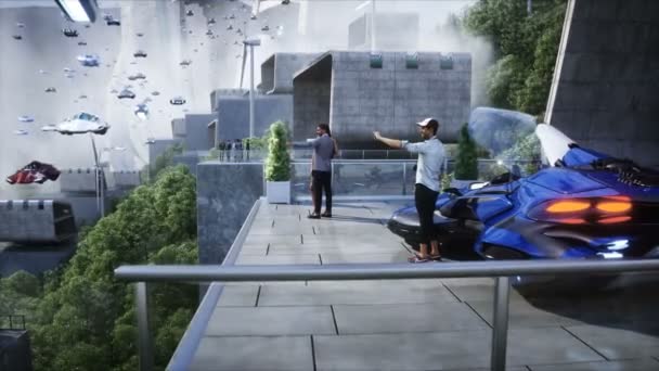 People Futuristic City Flying Car Traffic Megapolice Future Concept Dynamic — 비디오