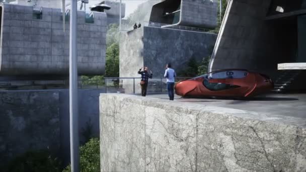 Menschen Futuristischer Stadt Fliegender Autoverkehr Megapolice Zukunftskonzept Dynamische Bäume Realistische — Stockvideo