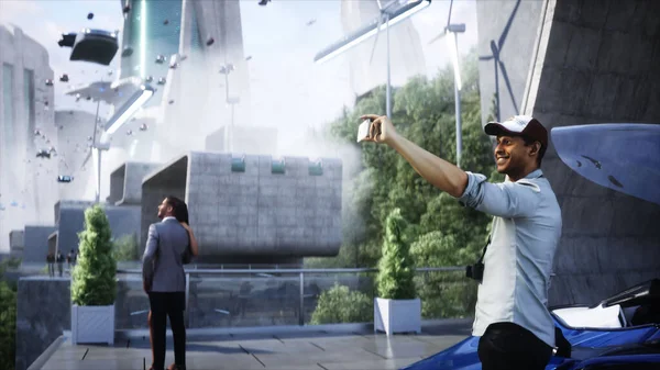 People Futuristic City Flying Car Traffic Megapolice Future Concept Rendering —  Fotos de Stock