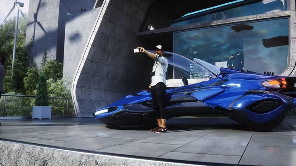People Futuristic City Flying Car Traffic Megapolice Future Concept Rendering — Foto de Stock