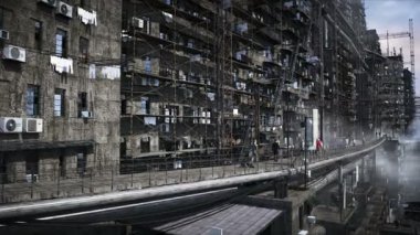 Apokaliptik şehir yapısı. Aşırı nüfus sorunu. Gerçekçi 4K animasyonu. Gerçekçi 4k animasyonu