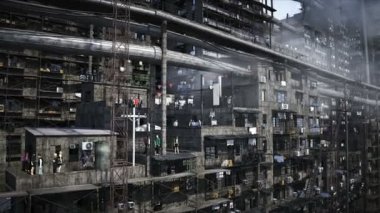 Apokaliptik şehir yapısı. Aşırı nüfus sorunu. Gerçekçi 4K animasyonu. Gerçekçi 4k animasyonu