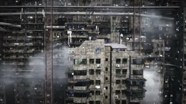 Apokaliptik şehir yapısı. Aşırı nüfus sorunu. Gerçekçi 4K animasyonu. Gerçekçi 4k animasyonu