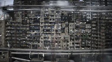 Apokaliptik şehir yapısı. Aşırı nüfus sorunu. Gerçekçi 4K animasyonu. Gerçekçi 4k animasyonu