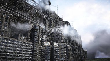 Apokaliptik şehir yapısı. Aşırı nüfus sorunu. Gerçekçi 4K animasyonu. 3d oluşturma
