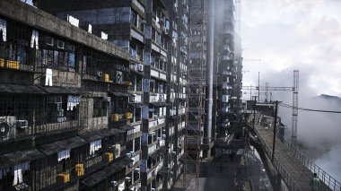 Apokaliptik şehir yapısı. Aşırı nüfus sorunu. Gerçekçi 4K animasyonu. 3d oluşturma