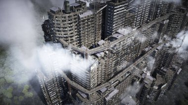 Apokaliptik şehir yapısı. Aşırı nüfus sorunu. Gerçekçi 4K animasyonu. 3d oluşturma