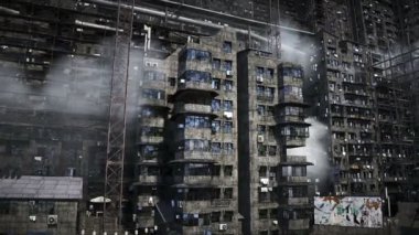 Apokaliptik şehir yapısı. Aşırı nüfus sorunu. Gerçekçi 4K animasyonu. Gerçekçi 4k animasyonu