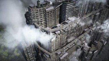 Apokaliptik şehir yapısı. Aşırı nüfus sorunu. Gerçekçi 4K animasyonu. Gerçekçi 4k animasyonu
