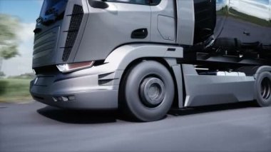 Generic 3d model of gasoline truck very fast driving on highway. Gas, oil concept. Realistic 4k animation