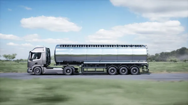 Generic 3d model of gasoline truck very fast driving on highway. Gas, oil concept.