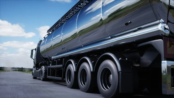 Generic 3d model of gasoline truck very fast driving on highway. Gas, oil concept.