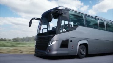 Otoyolda çok hızlı giden bir turistik otobüs. Turizm, seyahat konsepti. Gerçekçi 4k animasyonu