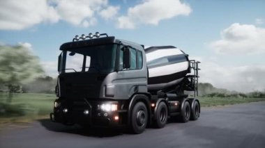 Cement truck very fast driving on highway. Building concept. Realistic 4k animation