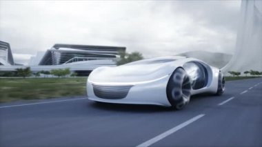 Futuristik elektrikli araba otoyolda çok hızlı gidiyor. Gelecekçi şehir konsepti. Gerçekçi 4k animasyonu