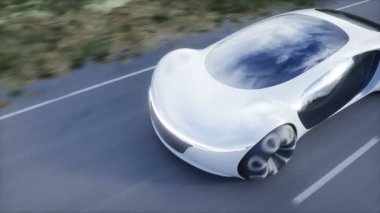 Futuristik elektrikli araba otoyolda çok hızlı gidiyor. Gelecekçi şehir konsepti. Gerçekçi 4k animasyonu