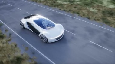 Futuristic electric car very fast driving on highway. Futuristic city concept. Realistic 4k animation