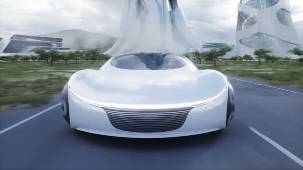Futuristic Electric Car Very Fast Driving Highway Futuristic City Concept — Video