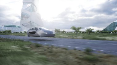 Otoyolda çok hızlı uçan bir araba. Gelecekçi şehir konsepti. 3d oluşturma