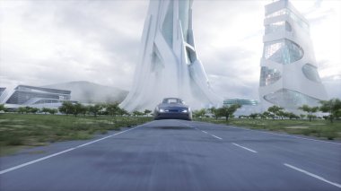 Otoyolda çok hızlı uçan bir araba. Gelecekçi şehir konsepti. 3d oluşturma