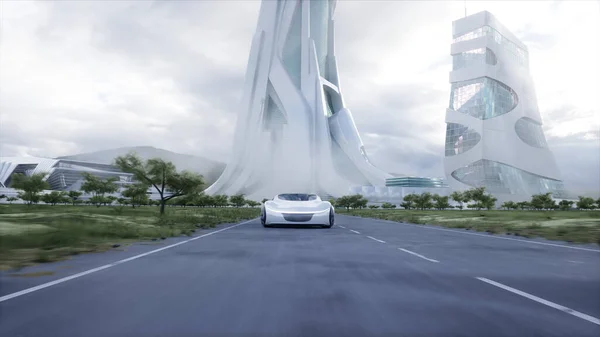 Futuristic Electric Car Very Fast Driving Highway Futuristic City Concept — Stockfoto