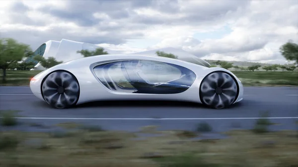 Futuristic Electric Car Very Fast Driving Highway Futuristic City Concept — Stok fotoğraf