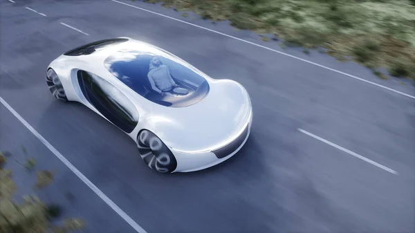Futuristic electric car very fast driving on highway. Futuristic city concept. 3d rendering