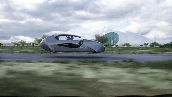 Futuristicflying car very fast driving on highway. Futuristic city concept. 3d rendering